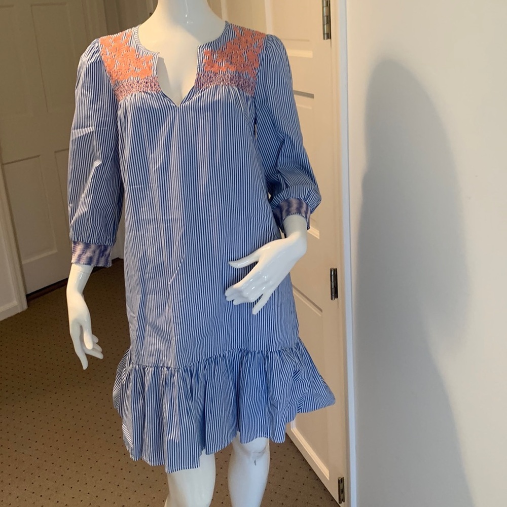 J. Crew blue & white striped drop dress w/ ruffle hem & coral embroidery size XS